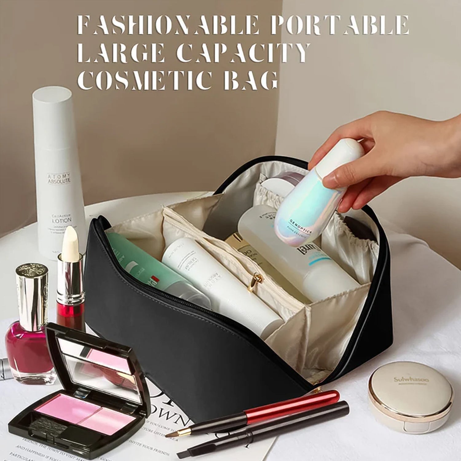 Premium Black Travel Makeup  Toiletry Organizer Pouch With Zipper  Handle (1 Pc) Premium Black Travel Makeup  Toiletry Organizer Pouch With Zipper  Handle (1 Pc)